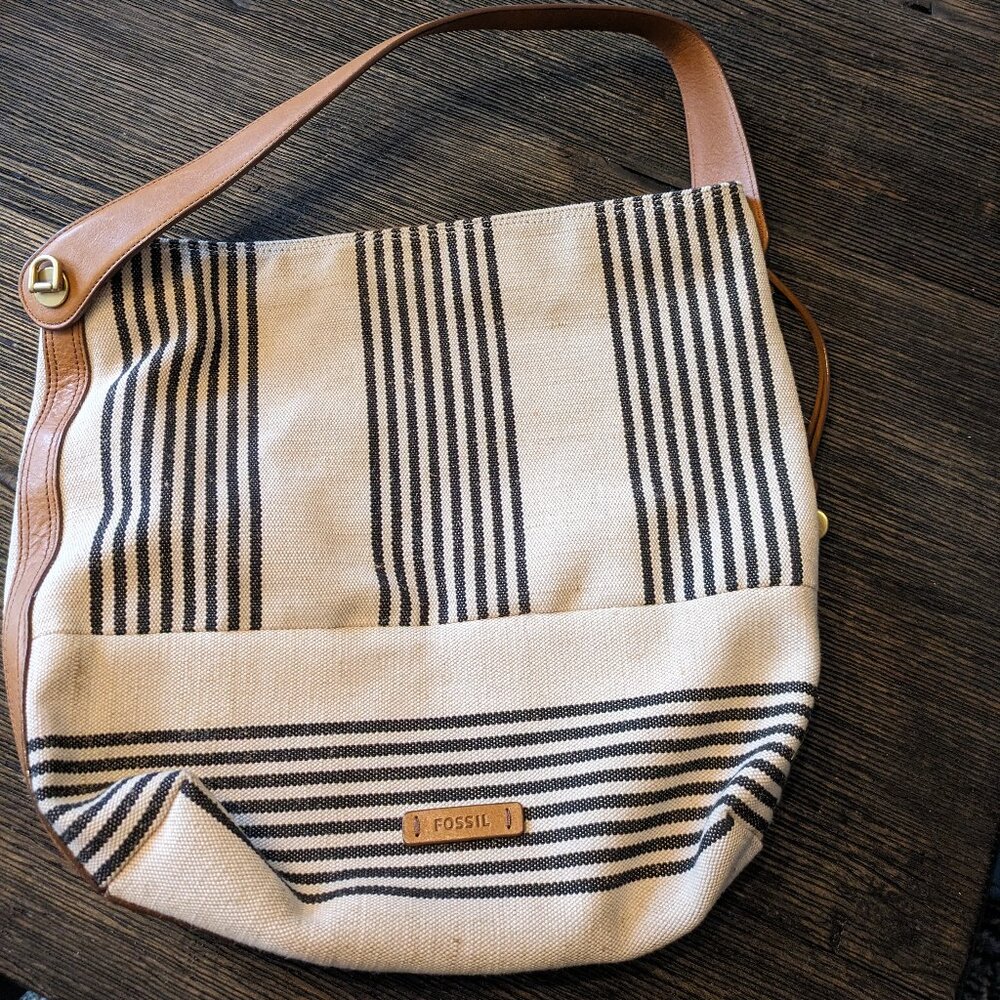 Fossil Maya Hobo Tan and Blue Striped Shoulder Bag